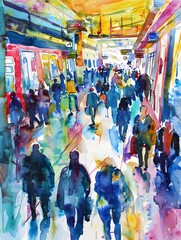 Bustling Colorful Crowd in Vibrant City Street Market Scene with Diverse People and Lively