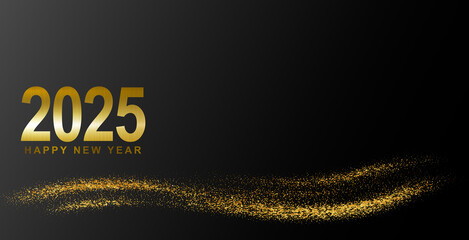 2025 New Year celebrate banner featuring dazzling and shimmering golden glitter. Christmas Holiday...