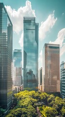 High-rise buildings in a cityscape with lush green trees. Modern urban environment for sustainable business settings and corporate presentations