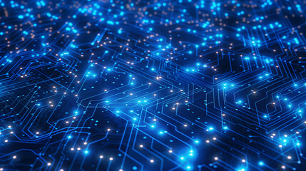 Obraz premium Blue circuit background, dark blue and light cyan styles, high-tech style, sci-fi theme, glowing dots, cyberpunk elements, futuristic feel.