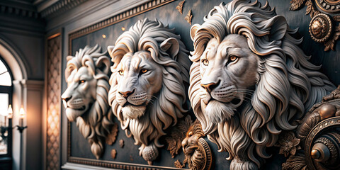 Beautiful lions 3d relief wallpaper. Mural wallpaper. Wall art. AI generated illustration.