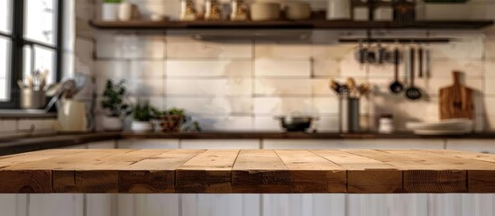 Wooden tabletop against a blurred kitchen counter backdrop for showcasing products or design visuals.