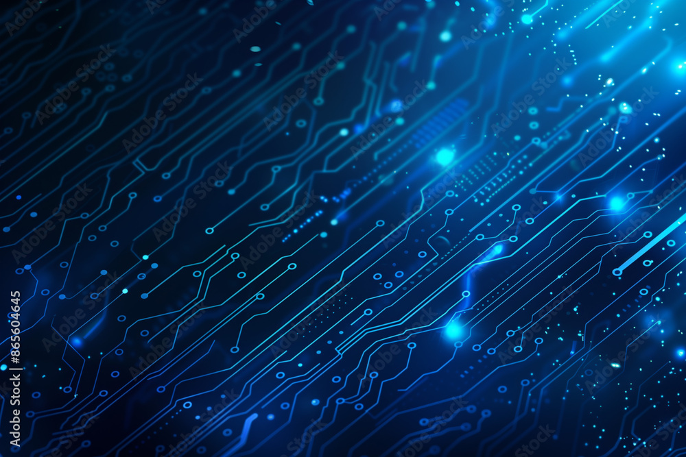 Poster blue digital background with circuit board pattern and glowing dots, creating an abstract tech-inspi