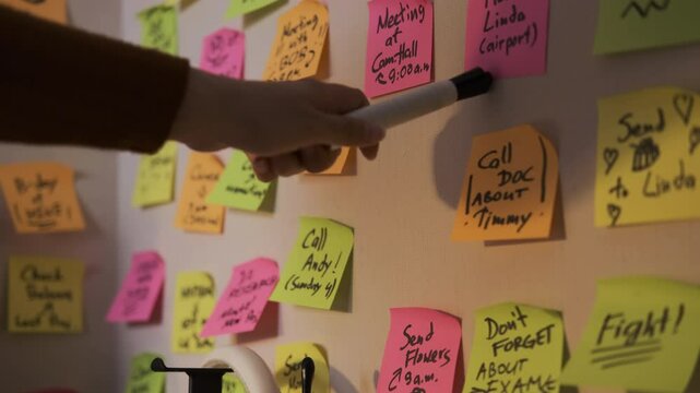 Close-up of hand of woman placing vibrant paper with inscription dont panic to a wall with lots of colorful sticky notes. Time organization and planning