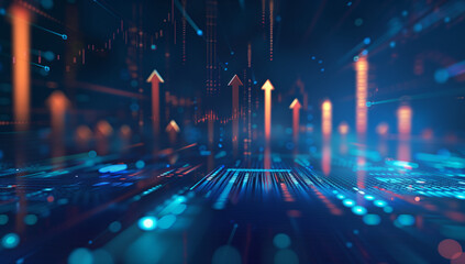 digital arrow graph going up with stock market growth, blue gradient background, glowing highlights, dark blue color scheme