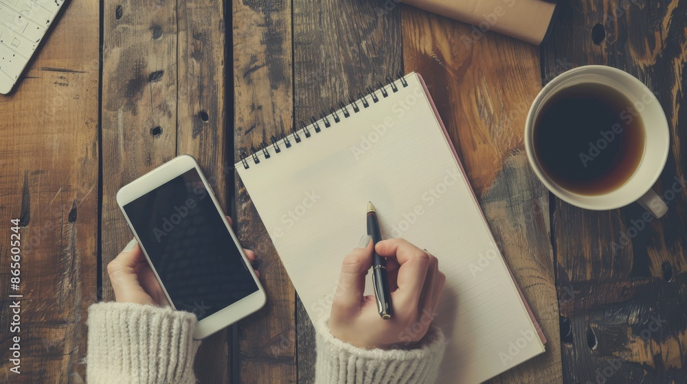 Poster person holding a smartphone and writing in a notebook on a rustic wooden table. business planning an