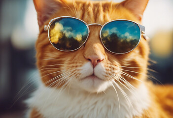 Closeup portrait of funny ginger cat wearing sunglasses isolated on yellow Copyspace