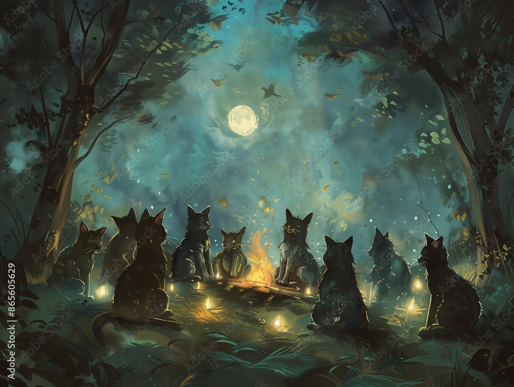 Sticker A coven of cats in the forest with a full moon