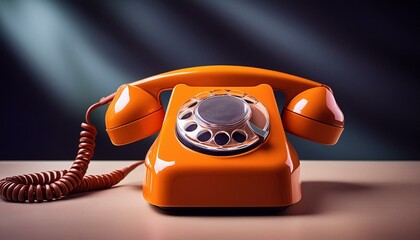 Orange retro rotary telephone handset on; old communication technology, notification and information concept
