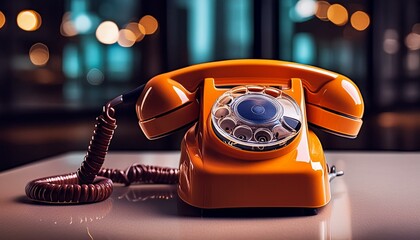 Orange retro rotary telephone handset on; old communication technology, notification and information concept
