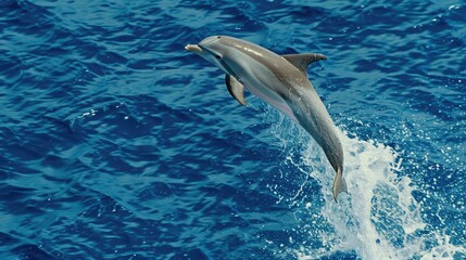 Obraz premium A grey dolphin leaps out of a blue pool, its body arched and tail extended