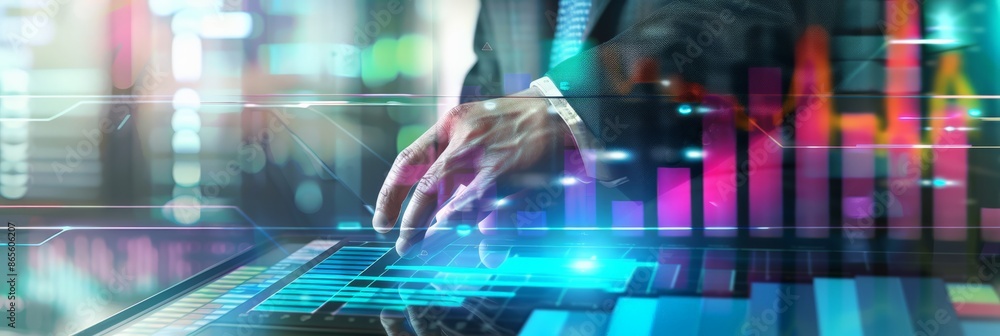 Poster businessman analyzing data on a futuristic digital screen. modern technology and financial analytics