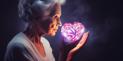 Naklejka premium Alzheimer's disease concept, Elderly woman holding brain symbol of missing jigsaw puzzle, World Alzheimer's, World mental health, Memory loss