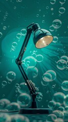 Desk lamp underwater surrounded by bubbles with rays of light. Imaginative and surreal concept