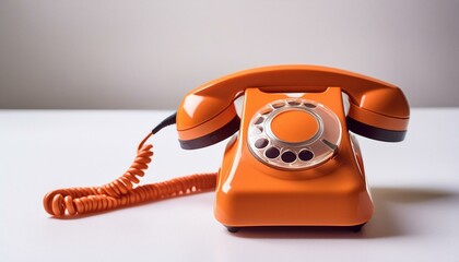 Orange retro rotary telephone handset on white background; old communication technology, notification and information concept
