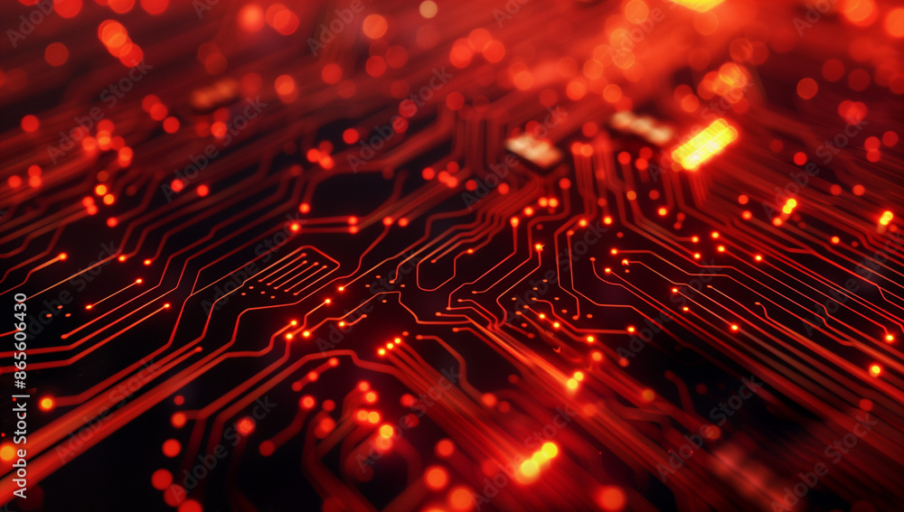 Wall mural red digital background with circuit board patterns and glowing lights, creating an energetic tech-in