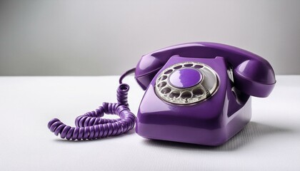 Purple retro rotary telephone handset on white background; old communication technology, notification and information concept
