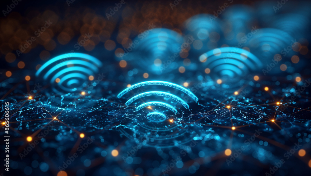Poster 3d render of blue digital network with a wireless logo, glowing and connecting dots on dark backgrou