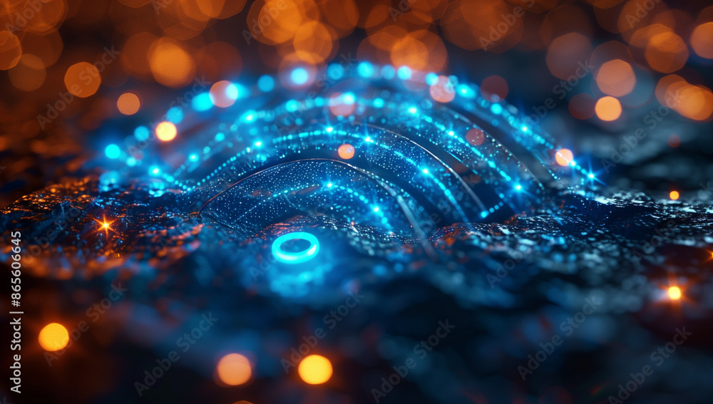 Poster 3d render of blue digital network with a wireless logo, glowing and connecting dots on dark backgrou