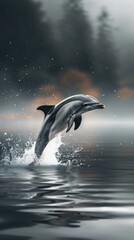 Obraz premium A grey dolphin leaps out of a blue pool, its body arched and tail extended