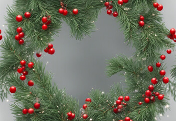 Festive Christmas wreath of fresh natural spruce branches with red holly berries isolated on transpa