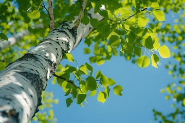 Fototapeta premium Sunlit Birch Tree with Fresh Green Leaves Against a Clear Blue Sky