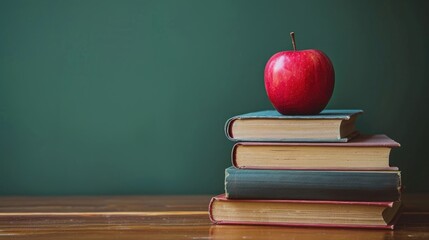 Stack of books and apple on textbooks in classroom with green wall and blackboard background Theme revolves around education primary school knowledge and lifestyle