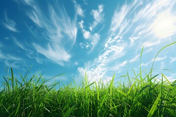 Fototapeta premium Lush Green Grass Under a Clear Blue Sky with Whimsical Clouds