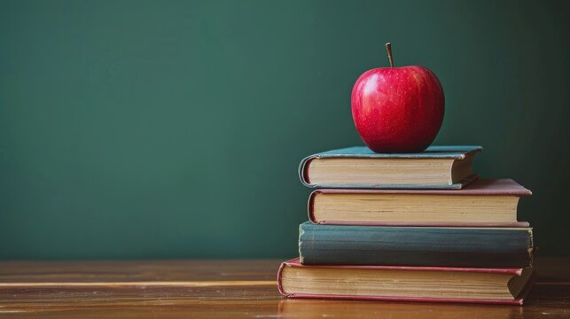 Stack of books and apple on textbooks in classroom with green wall and blackboard background Theme revolves around education primary school knowledge and lifestyle - Powered by Adobe