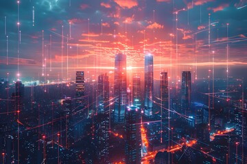 Naklejka premium Futuristic Cityscape with Digital Network Overlay at Sunset