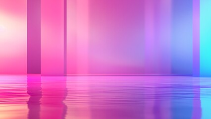 Pink and blue neon lights illuminate the empty stage and reflect off the shiny floor.