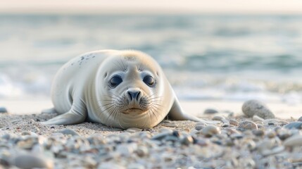 A close-up image of a harbor seal pup lying on its belly on a sandy beach. The pups eyes are closed, and it appears to be resting