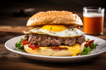 Breakfast hamburger with an egg - wide format