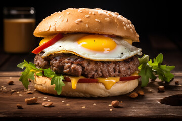 Breakfast hamburger with an egg - wide format