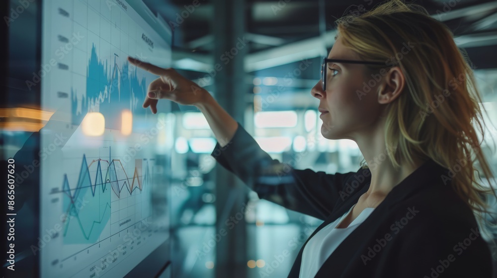 Aufkleber woman pointing at financial chart on a digital screen. business analysis and strategic planning back