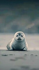 A close-up image of a harbor seal pup lying on its belly on a sandy beach. The pups eyes are closed, and it appears to be resting