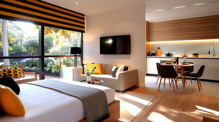 Fototapeta premium a minimalist modern studio apartment for rental, summer vacation