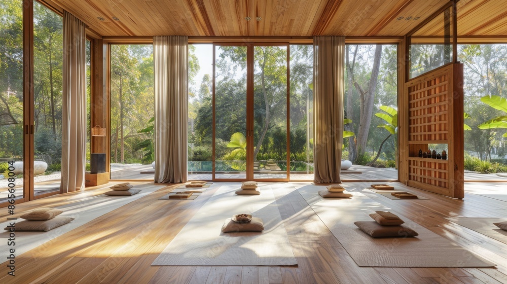 Poster a modern yoga studio with large windows, wooden floors, and meditation cushions. sunlight streams in