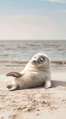 Obraz premium A close-up image of a harbor seal pup lying on its belly on a sandy beach. The pups eyes are closed, and it appears to be resting