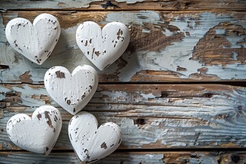White Scandinavian Valentine's Day Decor. White volumetric hearts for Valentine's Day. Decor for February 14 on a white wood background. Space for text.