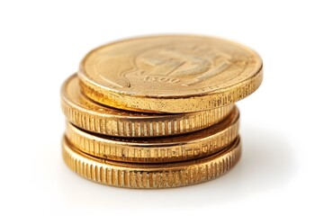 Stack of Shiny Gold Coins on White Background
