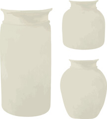 Vector Watercolor illustration,  ceramic white vase, set, clipart. Invitation, greeting cards, birthday, event, holiday, menu; cooking class; Master Class