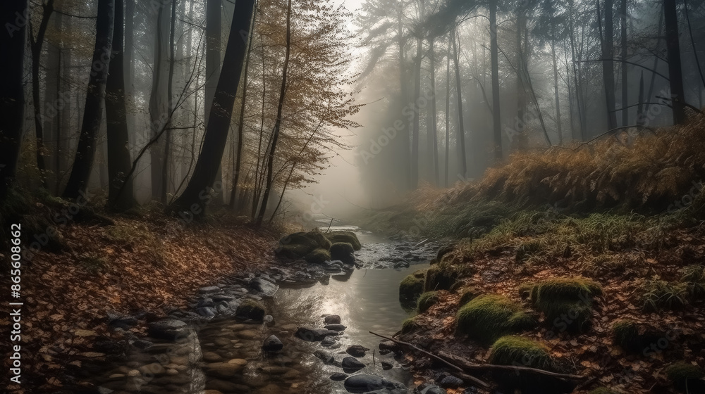 Poster a forest with a stream running through it. the water is murky and the trees are tall