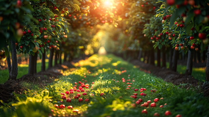 A row of apple trees with a path between them. The apples are ripe and ready to be picked