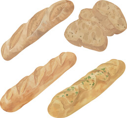 Vector Watercolor baguettes, bread, pieces of bread, Illustrations for creative cooking, invitation, greeting cards, birthday, event, holiday, menu; cooking class; Master Class