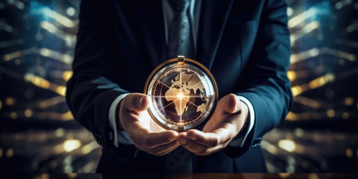 Businessman holding a navigation compass in hand and define marketing direction and analysis growth sale data with search customer global network