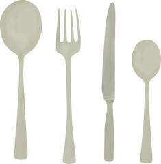 Vector Watercolor illustration, steel cutlery, spoon, teaspoon, fork, knife, kitchenware, tableware, utensils, set for creative cooking, utensils. Invitation, greeting cards, birthday, event, holiday,