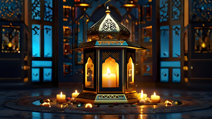 Obraz premium Ramadan Islamic light lamp in front of a window