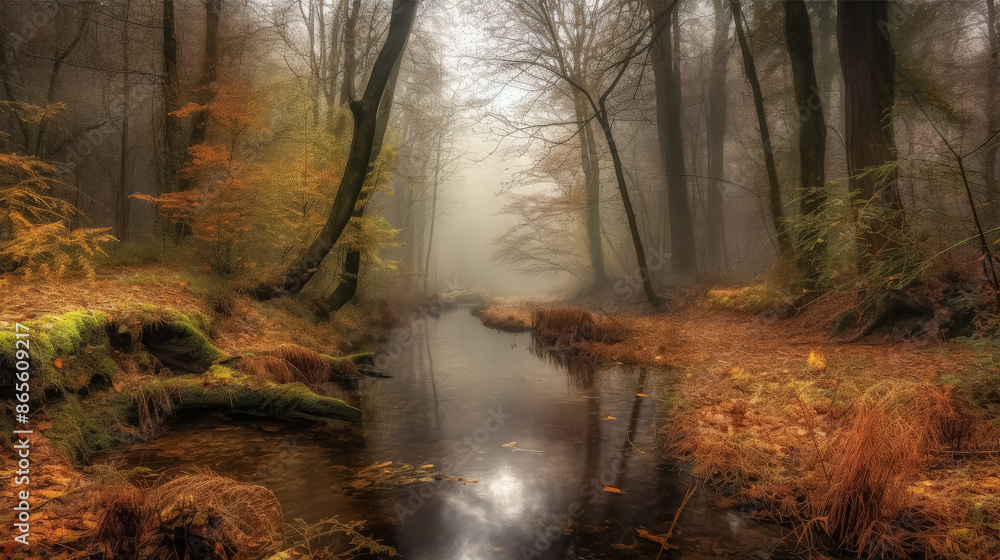 Poster a forest with a stream running through it. the water is murky and the trees are tall