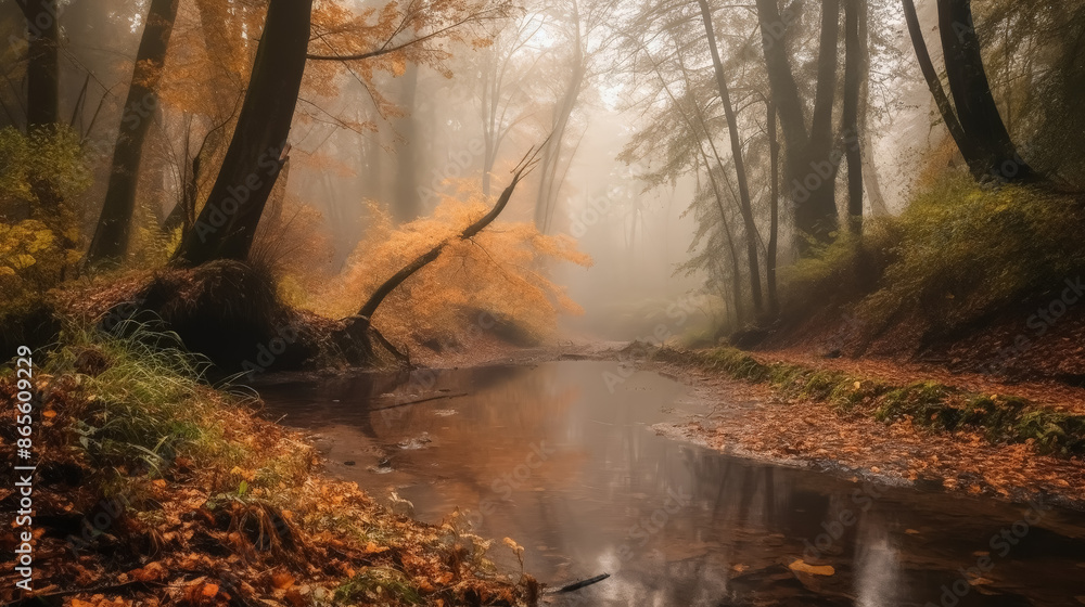 Poster a forest with a stream running through it. the water is murky and the trees are tall